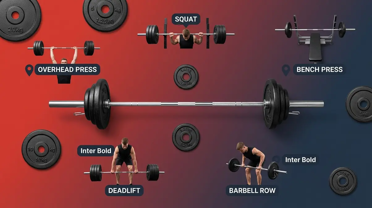 Five compound barbell exercises of the StrongLifts 5x5 programme for beginners