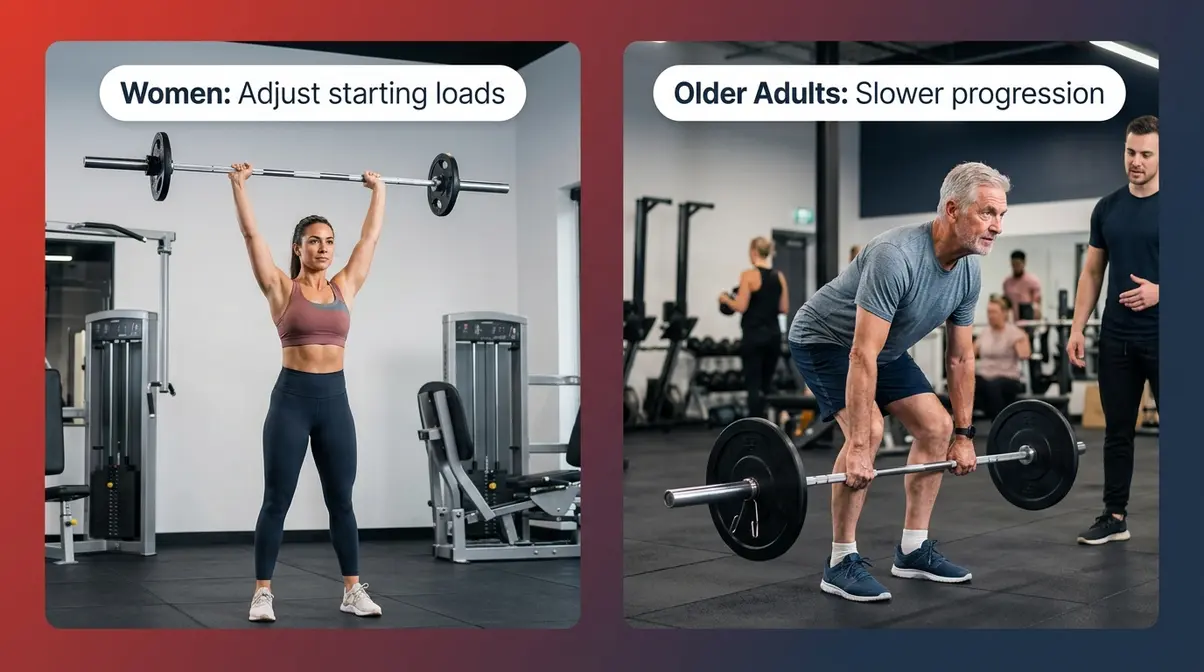 Women and older adults performing StrongLifts 5x5 barbell exercises with programme modifications