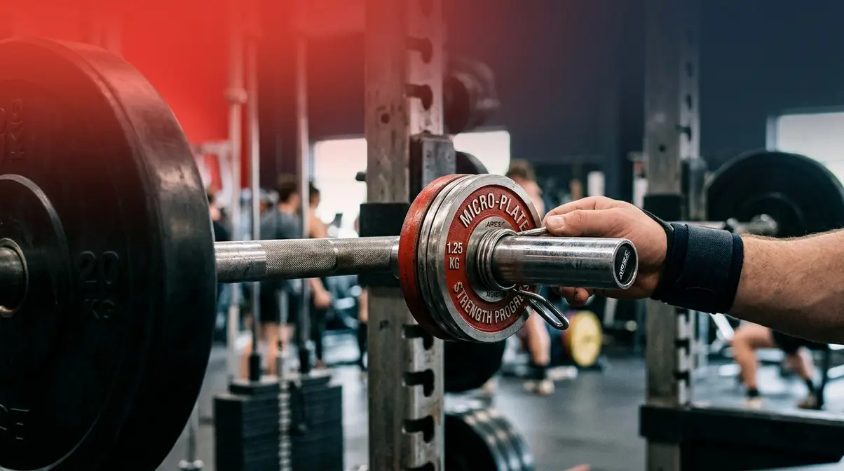 Fractional weight plates being loaded onto barbell representing StrongLifts 5x5 linear progression method