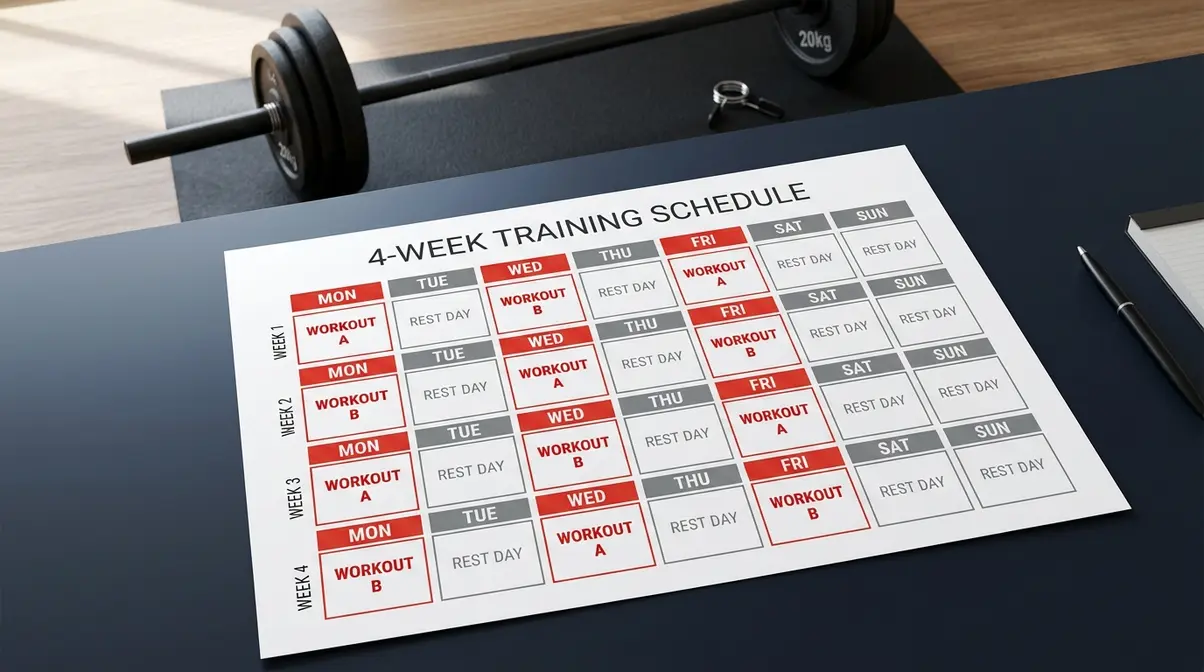 StrongLifts 5x5 weekly training schedule showing alternating Workout A and Workout B across four weeks
