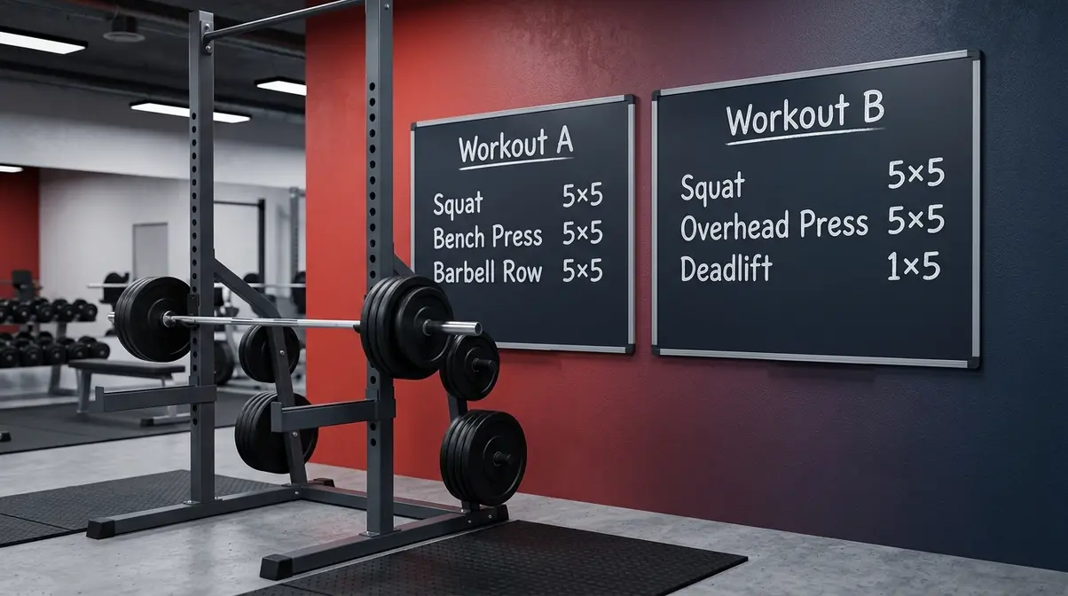 StrongLifts 5x5 Workout A and Workout B structure displayed on gym boards