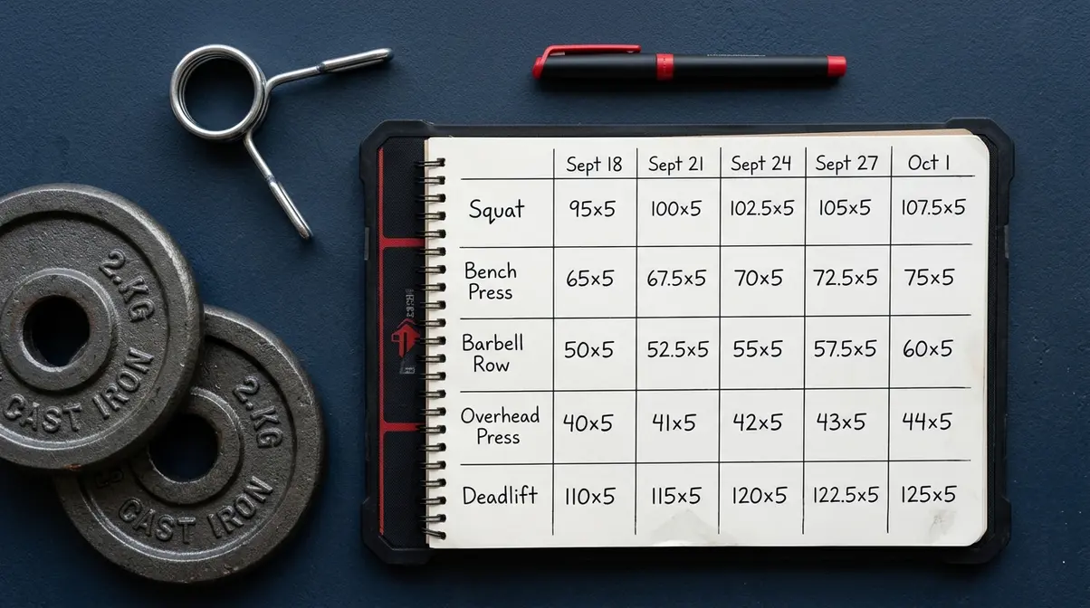 Workout log showing weight increment progression for all five StrongLifts 5x5 exercises across multiple sessions