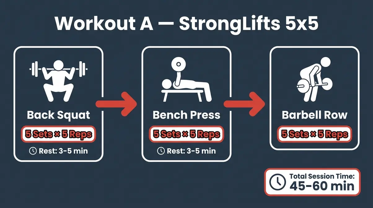 Workout A flow diagram showing squat, bench press, and barbell row sequence with sets, reps, and rest periods