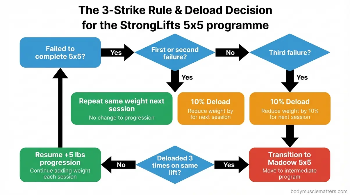 StrongLifts 5x5 programme 3-strike rule and deload decision flowchart diagram
