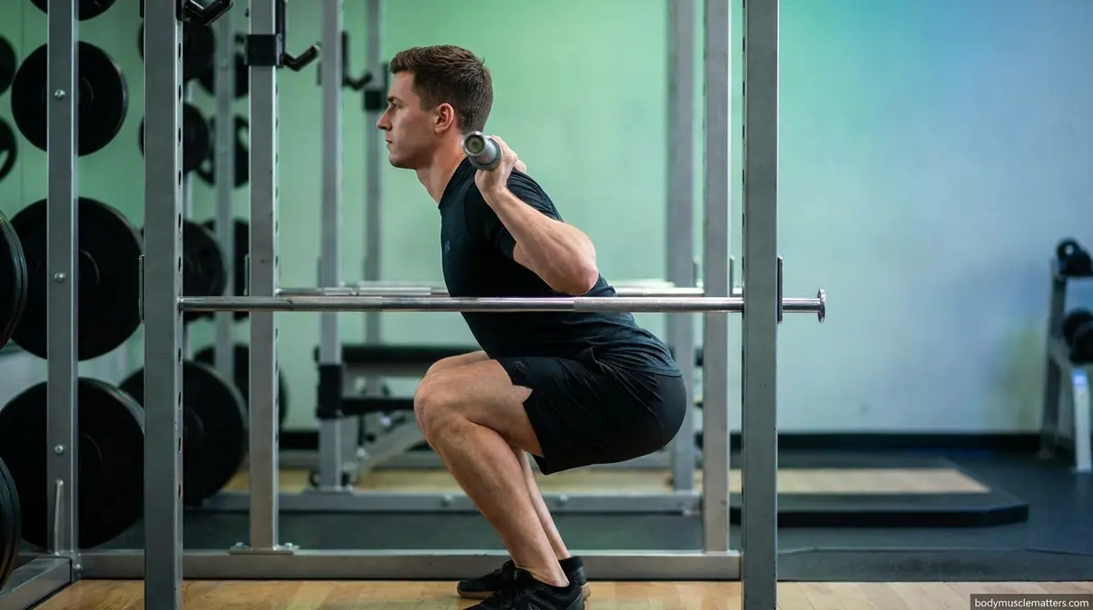Proper barbell back squat form at parallel depth inside a power cage for StrongLifts 5x5