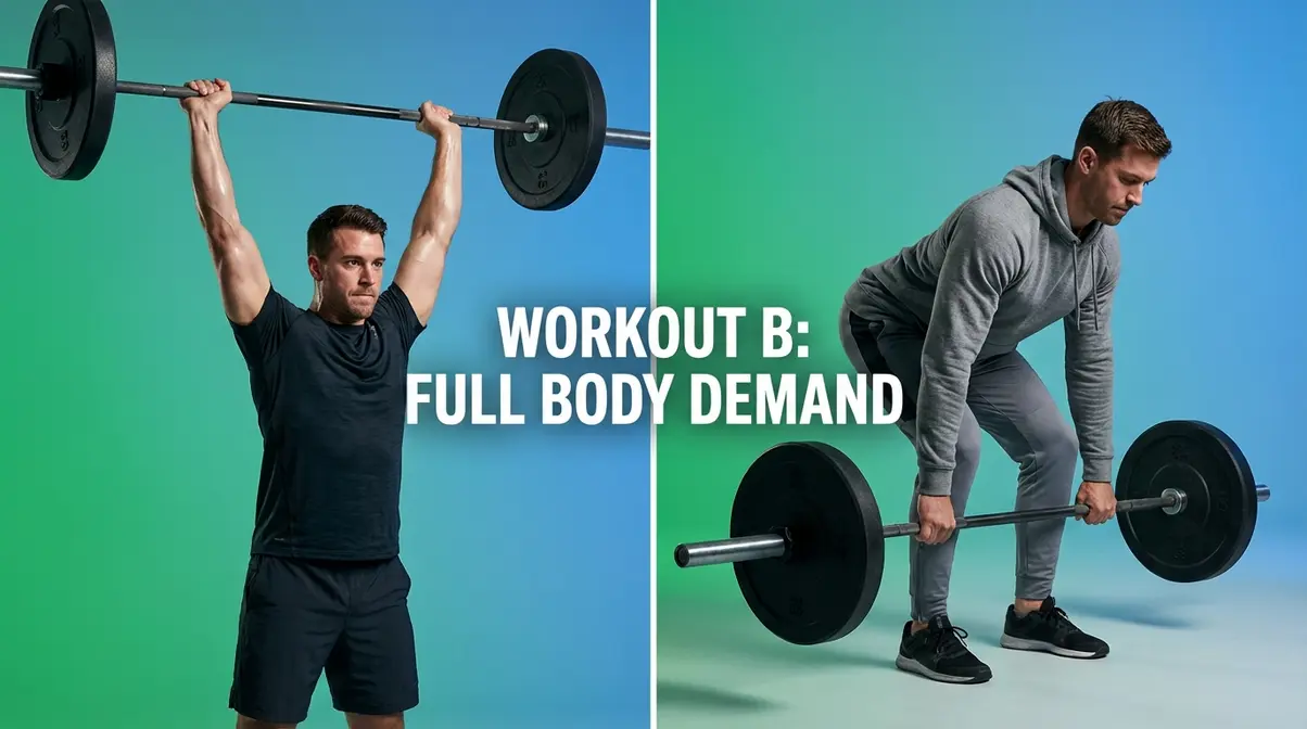 Overhead press at lockout and deadlift mid-lift showing StrongLifts 5x5 Workout B exercises