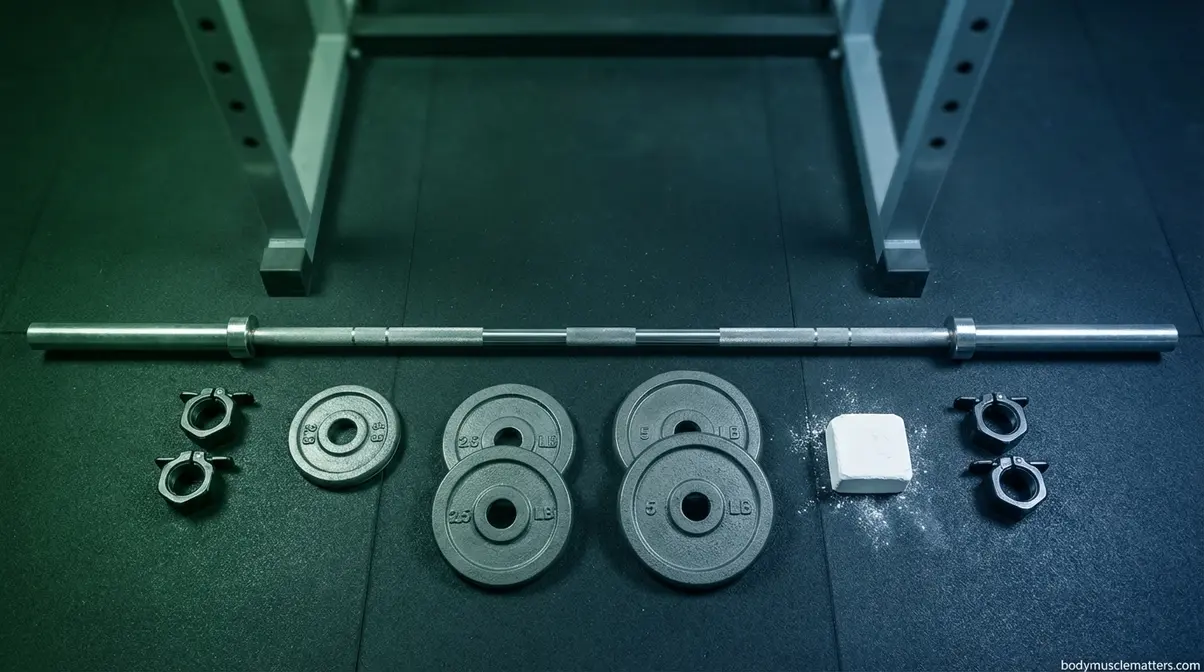 Essential gym equipment for StrongLifts 5x5 programme including barbell plates and collars