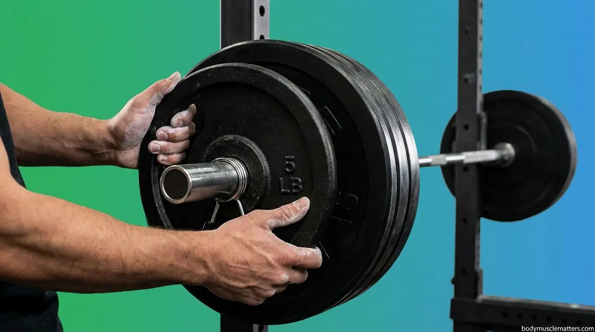 Lifter adding 5 lb plate to barbell representing StrongLifts 5x5 linear progression rule