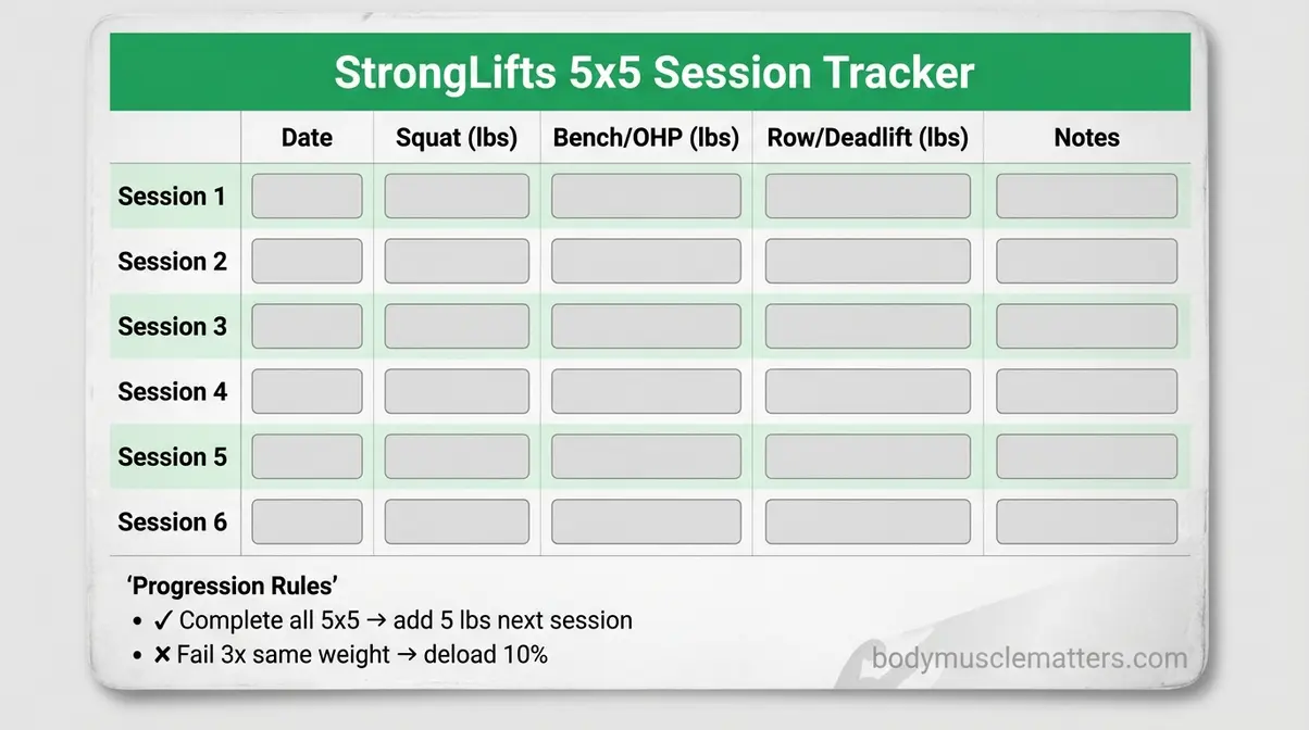 StrongLifts 5x5 workout tracking template cheat sheet for all five lifts