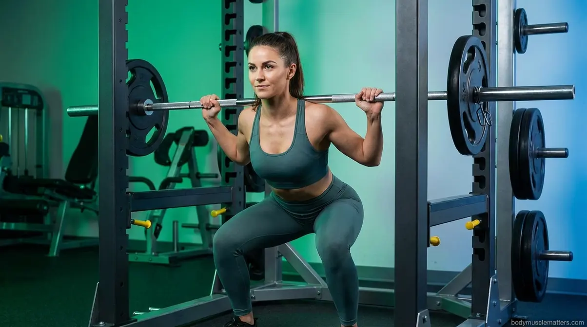 Female lifter performing barbell squat at parallel depth in power cage on StrongLifts 5x5 programme