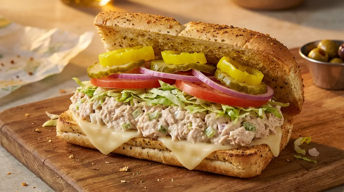 Fully assembled subway tuna sandwich copycat recipe on Italian herbs and cheese bread ready for compression