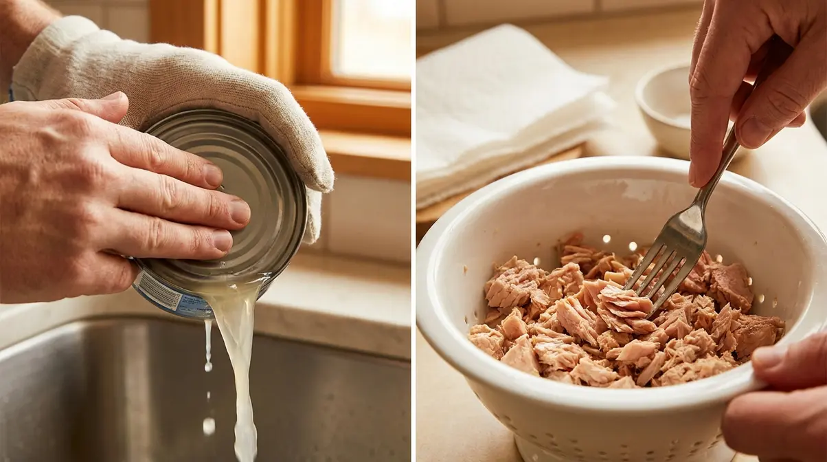 Hands pressing canned tuna lid over colander to drain excess water, step 1 of subway tuna sandwich copycat recipe prep