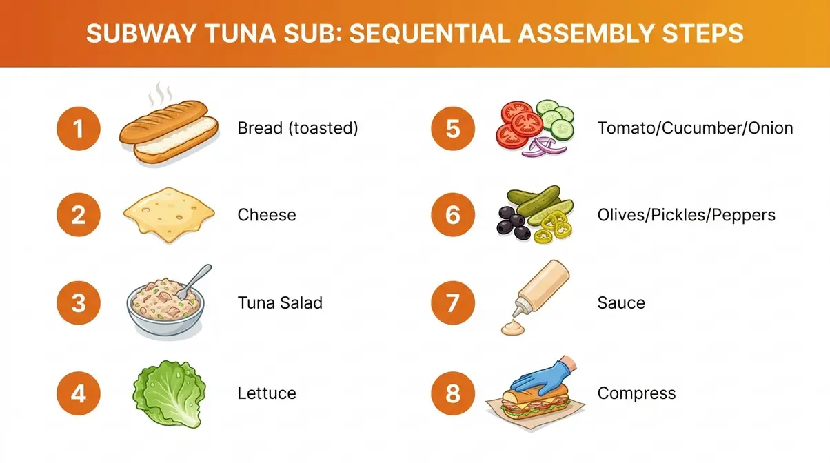 Step-by-step infographic showing bread to compression assembly order for subway tuna sandwich copycat recipe