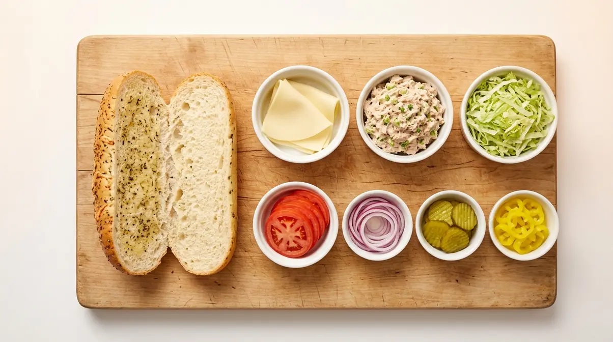 Subway tuna sandwich assembly ingredients laid out in correct layering order on cutting board