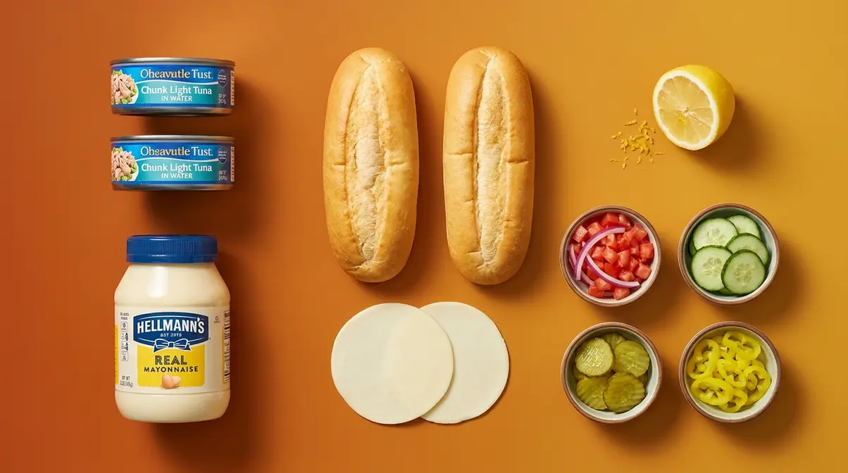 Flat lay of chunk light tuna cans, mayonnaise jar, lemon, and sub roll ingredients for subway tuna sandwich
