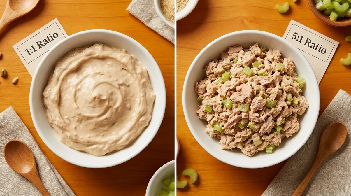 Two bowls of tuna salad showing visual difference between 1:1 and 5:1 tuna to mayo ratios for subway tuna sandwich copycat recipe