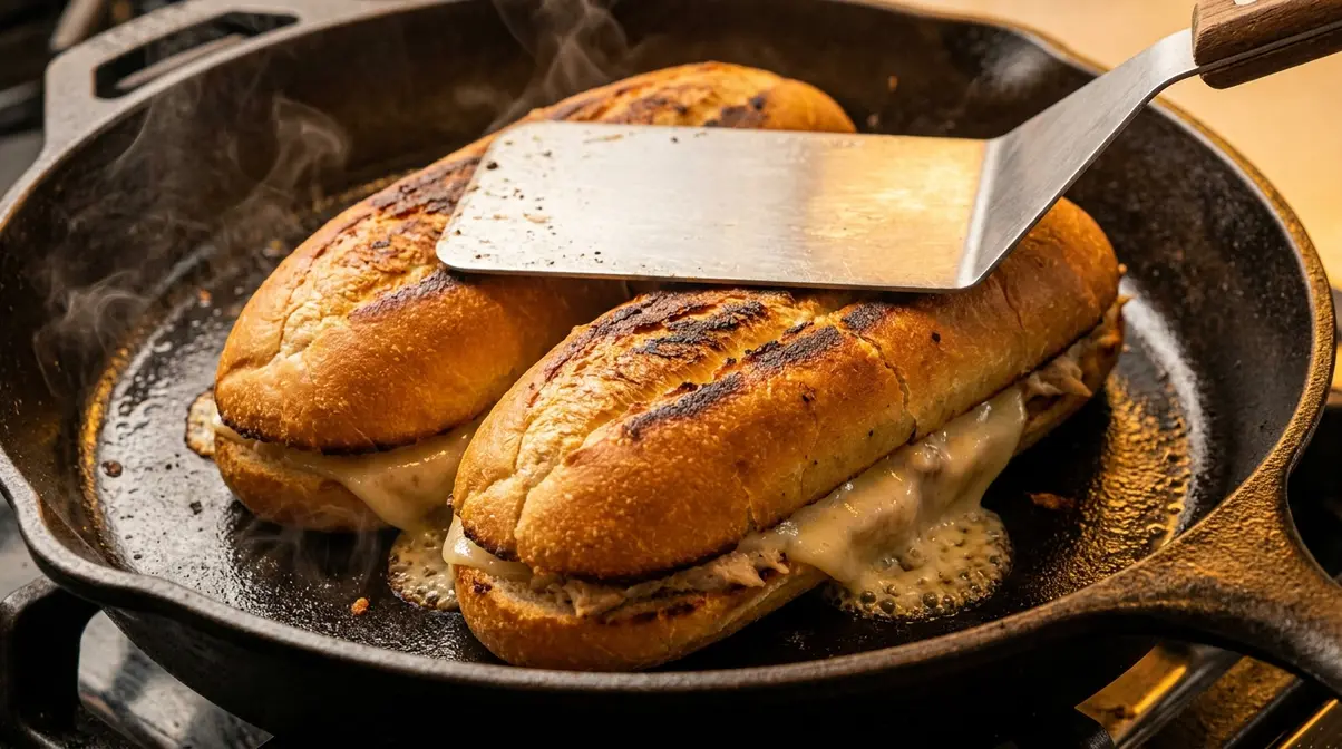 Tuna melt sandwich cooking in skillet with golden brown bread and melted cheese, easy tuna melt sandwich recipe