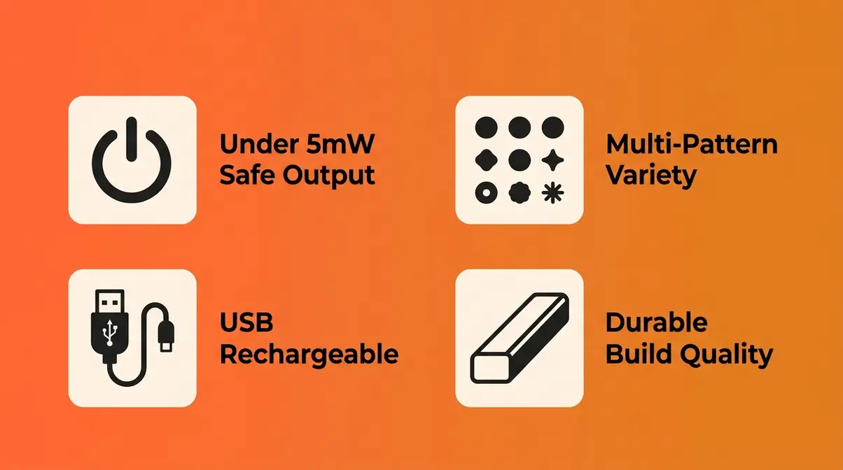 Cat laser pointer buying guide showing four key criteria: safe power output, pattern variety, USB charging, and build quality