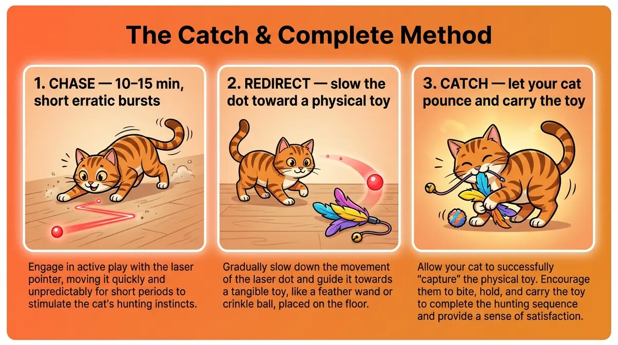 Infographic showing the Catch and Complete Method — three steps of safe cat laser pointer play: chase, redirect, and physical catch