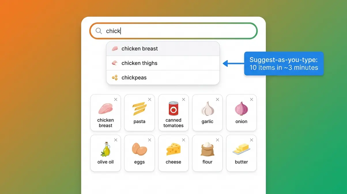 Supercook App Review 2026: Is It Worth Downloading? 3 SuperCook app pantry inventory screen with suggest-as-you-type autocomplete showing ingredient entry