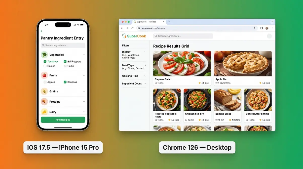 Supercook App Review 2026: Is It Worth Downloading? 2 SuperCook app testing setup showing iPhone 15 Pro and desktop browser side by side during review
