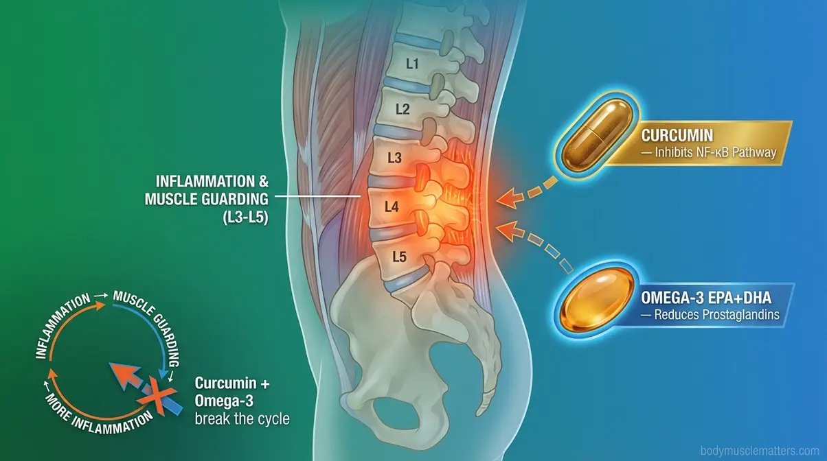 Medical diagram showing lumbar muscle inflammation cycle with curcumin and omega-3 supplement intervention points