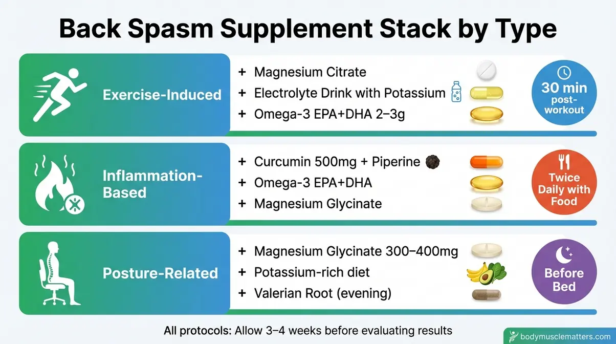 Visual guide showing supplement protocols for exercise-induced, inflammation-based, and posture-related back spasm types