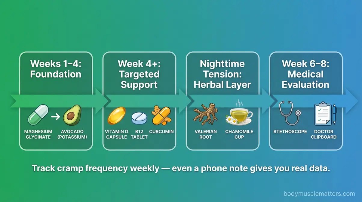 Four-step layered supplement protocol for muscle spasms from magnesium foundation to medical evaluation if needed