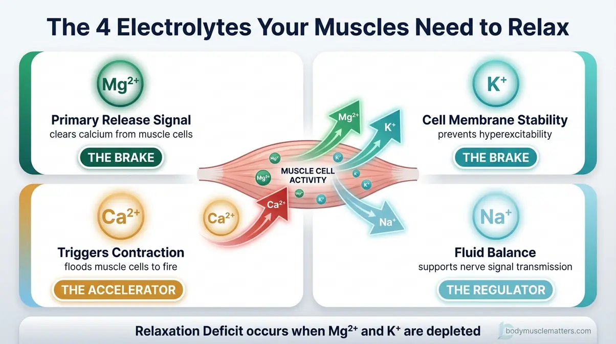 Chart showing four electrolytes — magnesium, potassium, calcium, sodium — and their roles as supplements for muscle spasms
