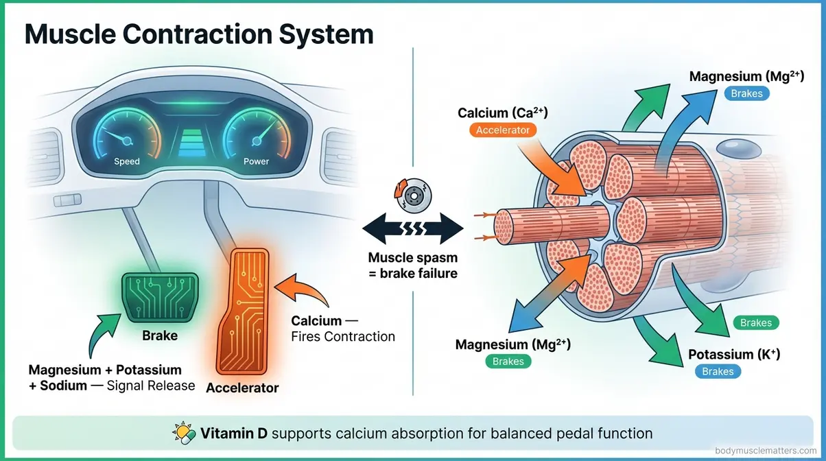 Diagram showing calcium as the muscle accelerator and magnesium, potassium, sodium as the brake minerals for relaxation