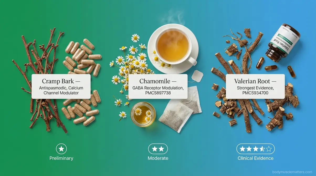 Three herbal muscle relaxant supplements — cramp bark, chamomile, and valerian root — with evidence ratings displayed