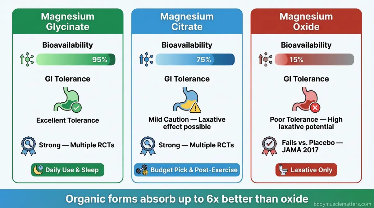 Infographic comparing magnesium glycinate, citrate, and oxide bioavailability and evidence for muscle spasm relief