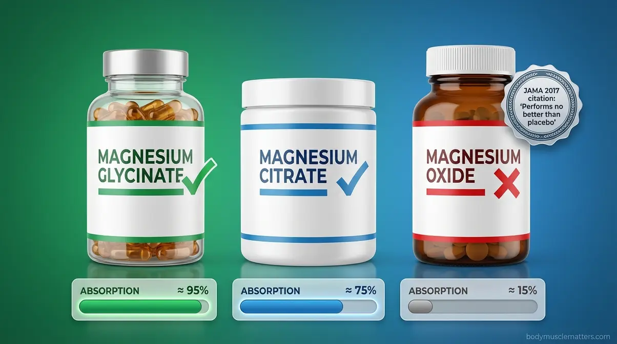 Three magnesium supplement forms glycinate, citrate, and oxide with absorption bars showing glycinate highest and oxide lowest