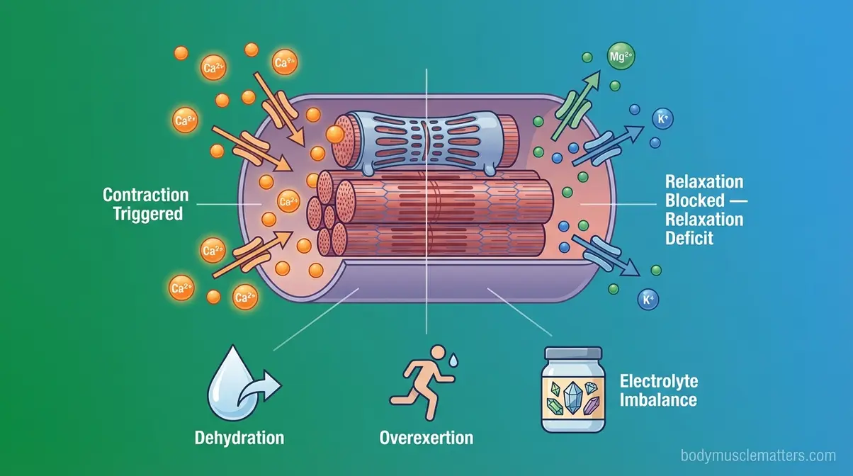Medical illustration showing calcium flooding muscle cells and magnesium depletion causing muscle spasm Relaxation Deficit
