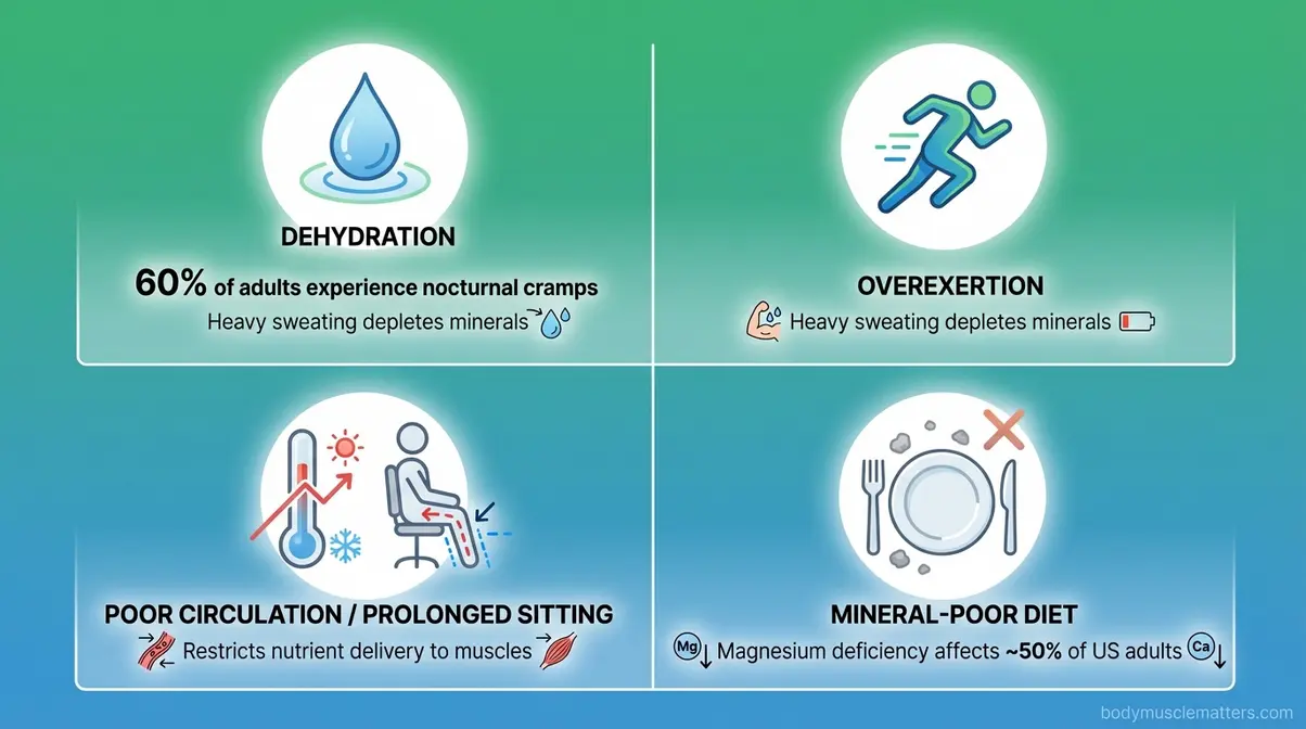 Four common muscle spasm triggers: dehydration, overexertion, poor circulation, and mineral-poor diet illustrated