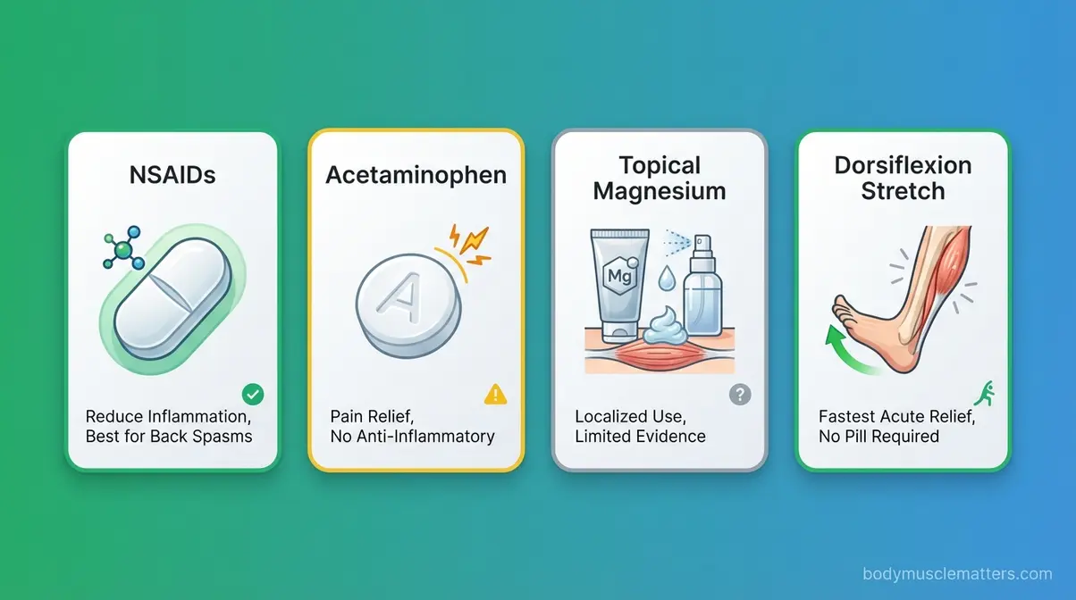 Four over-the-counter muscle spasm relief options: NSAIDs, acetaminophen, topical magnesium, and dorsiflexion stretch illustrated