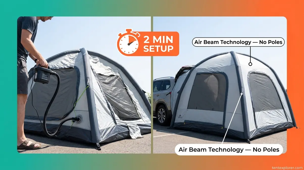 Inflatable SUV tent air beam setup in under 2 minutes showing pump and fully deployed tent