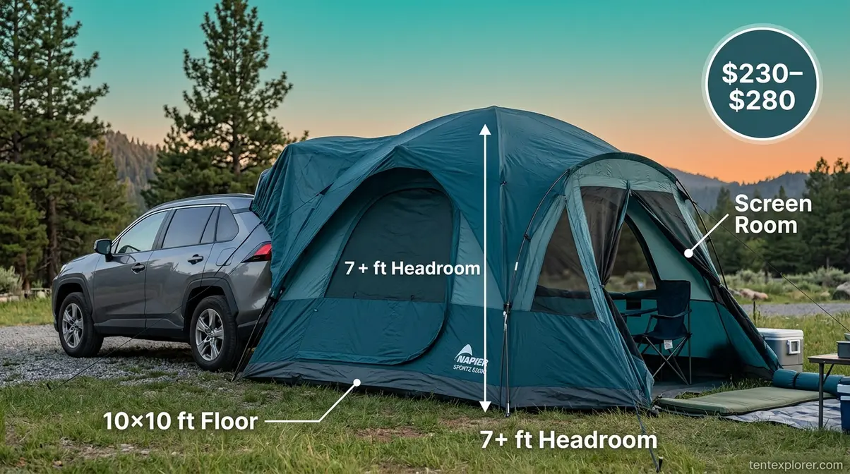 Napier Sportz 82000 SUV tent deployed with screen room showing 10x10 floor and 7-foot headroom