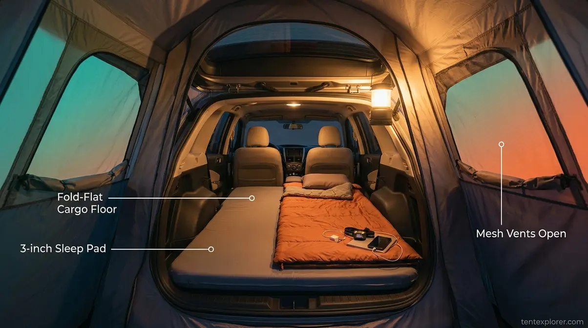 Comfortable SUV tent interior showing fold-flat cargo floor, self-inflating sleep pad, and mesh ventilation