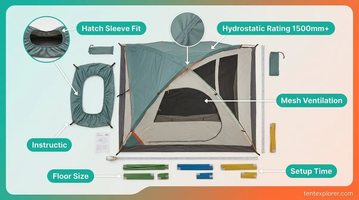 Annotated SUV tent flat-lay showing five key features including sleeve fit, waterproof rating, and ventilation