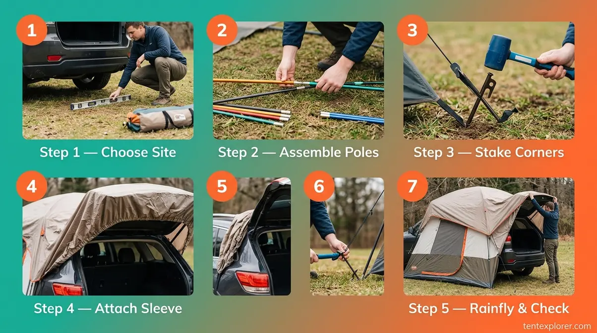 Five-step SUV tent setup process showing site selection, pole assembly, staking, sleeve attachment, and rainfly