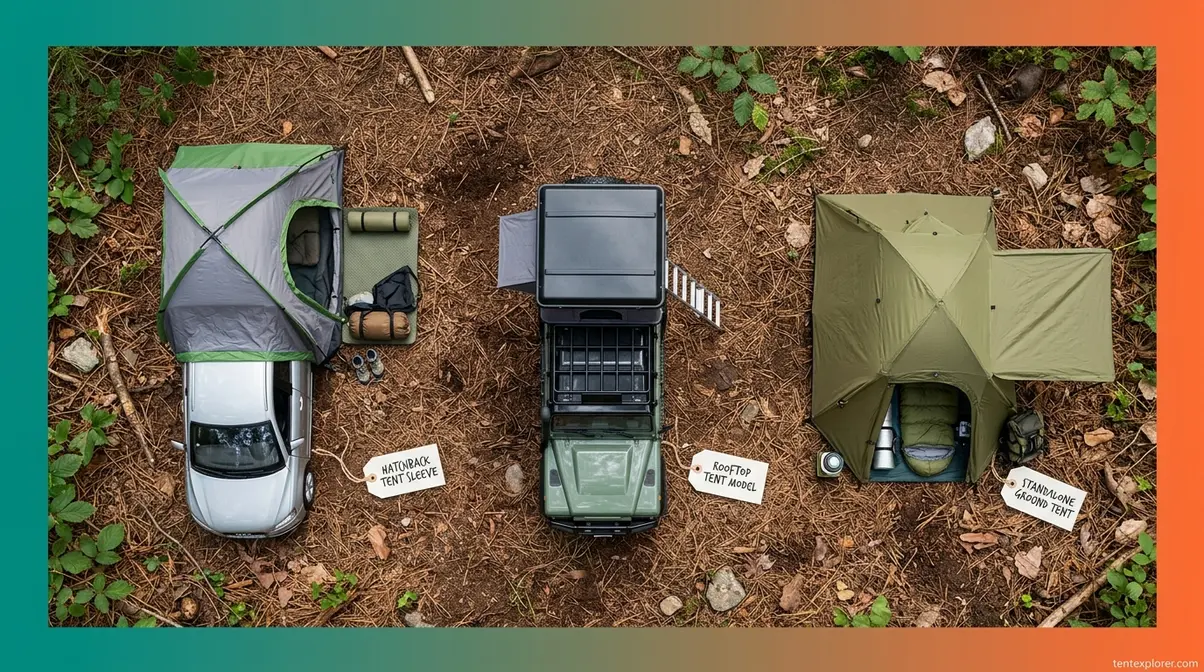 Three types of SUV tents illustrated: hatchback-attached, rooftop tent, and freestanding hybrid design