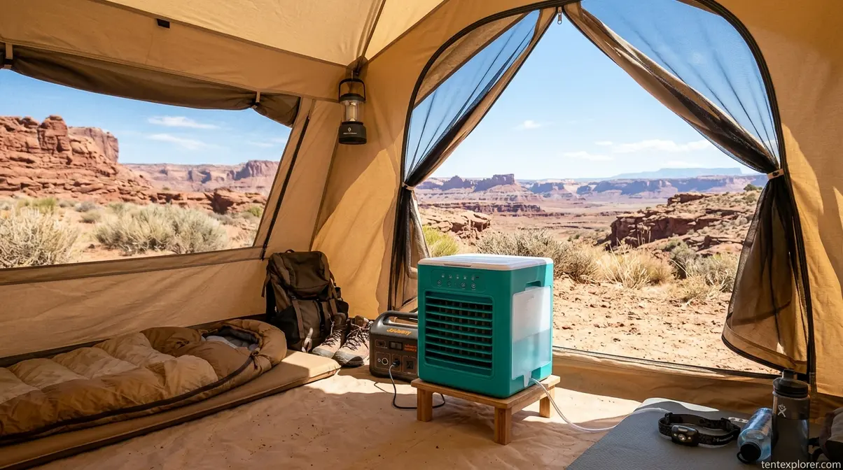 Evaporative swamp cooler inside a desert camping tent with dry arid landscape visible through the tent door