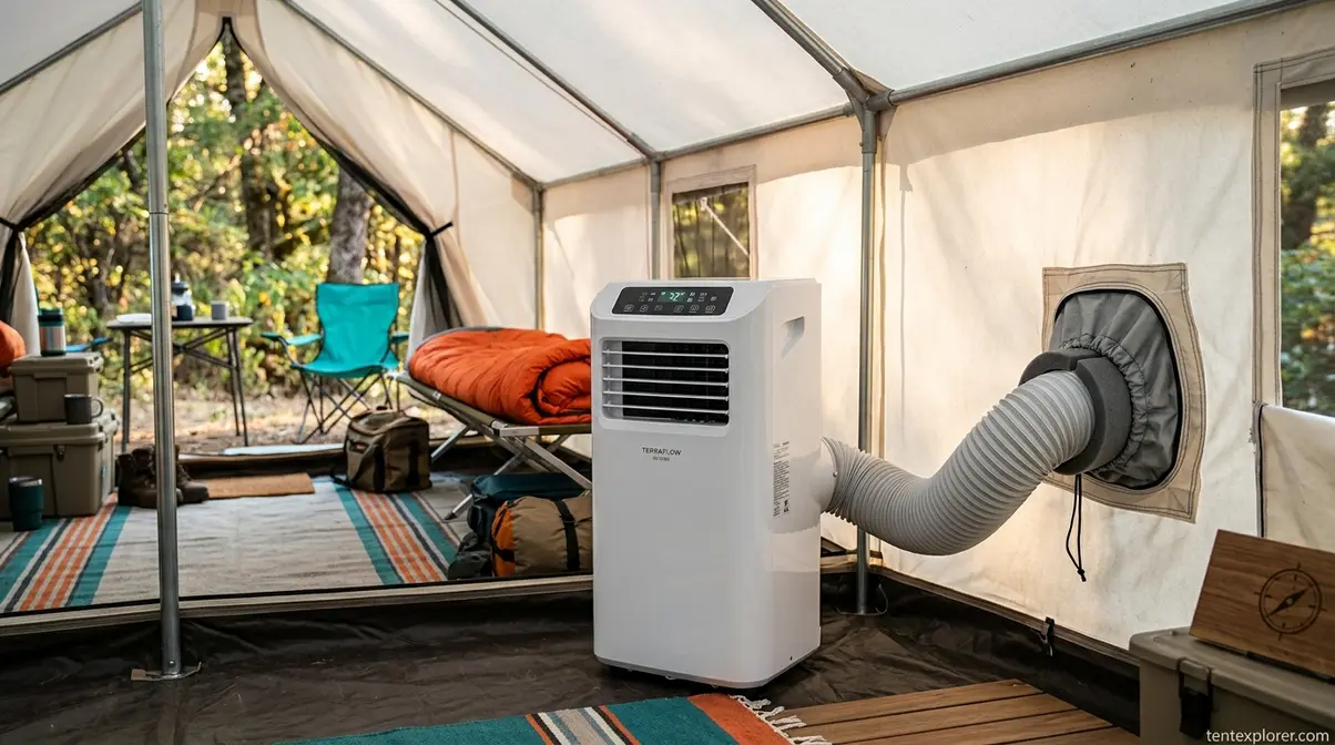 Portable air conditioner inside a camping tent with exhaust hose routed through a dedicated AC port opening