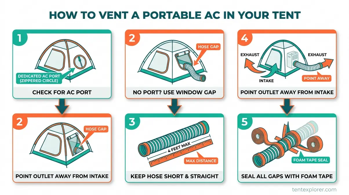 Step-by-step diagram showing portable AC exhaust hose routed through a tent AC port or window gap with sealing instructions