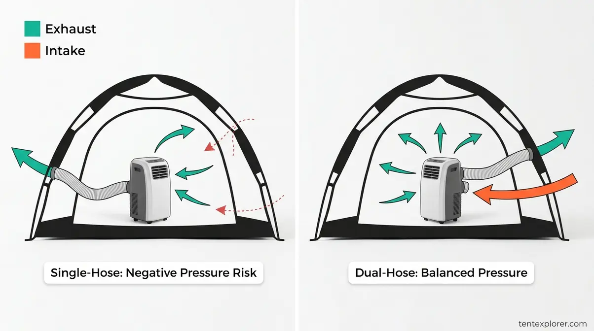 Side-by-side comparison of single-hose versus dual-hose portable AC airflow showing pressure balance differences in a camping tent