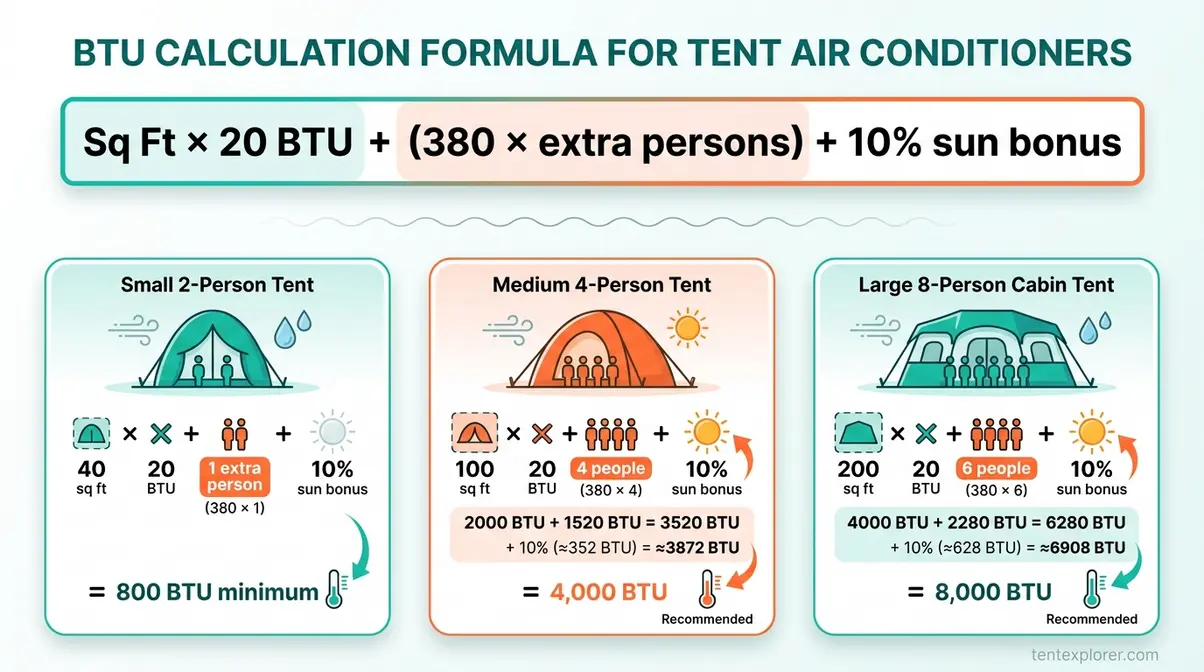 BTU calculation formula infographic for tent air conditioners showing square footage times 20 plus occupant adjustment