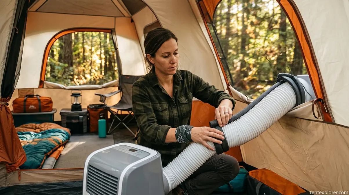 Camper installing a portable AC exhaust hose through a tent window gap and sealing it with foam insulation tape