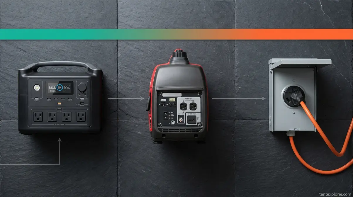 Three tent AC power source options — portable battery station, gas generator, and campsite shore power hookup