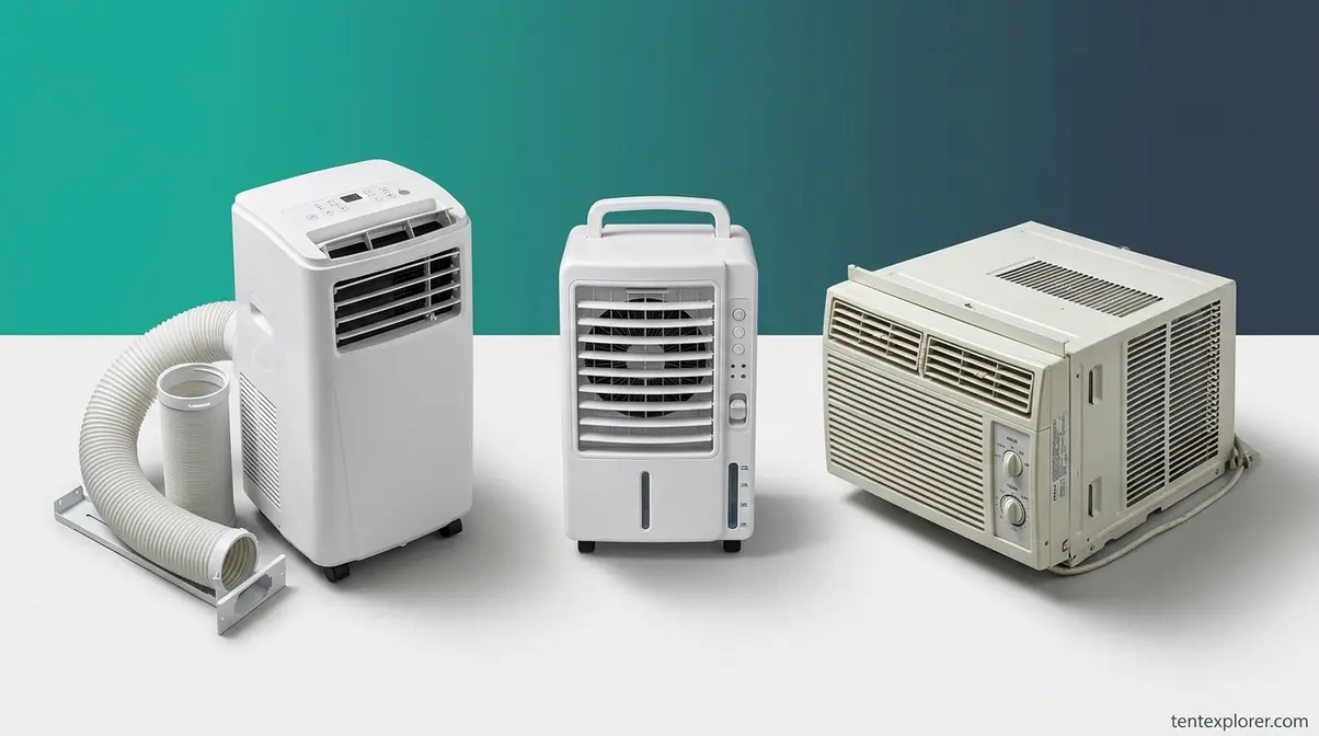 Three types of tent air conditioners — portable AC, evaporative cooler, and window unit — compared side by side